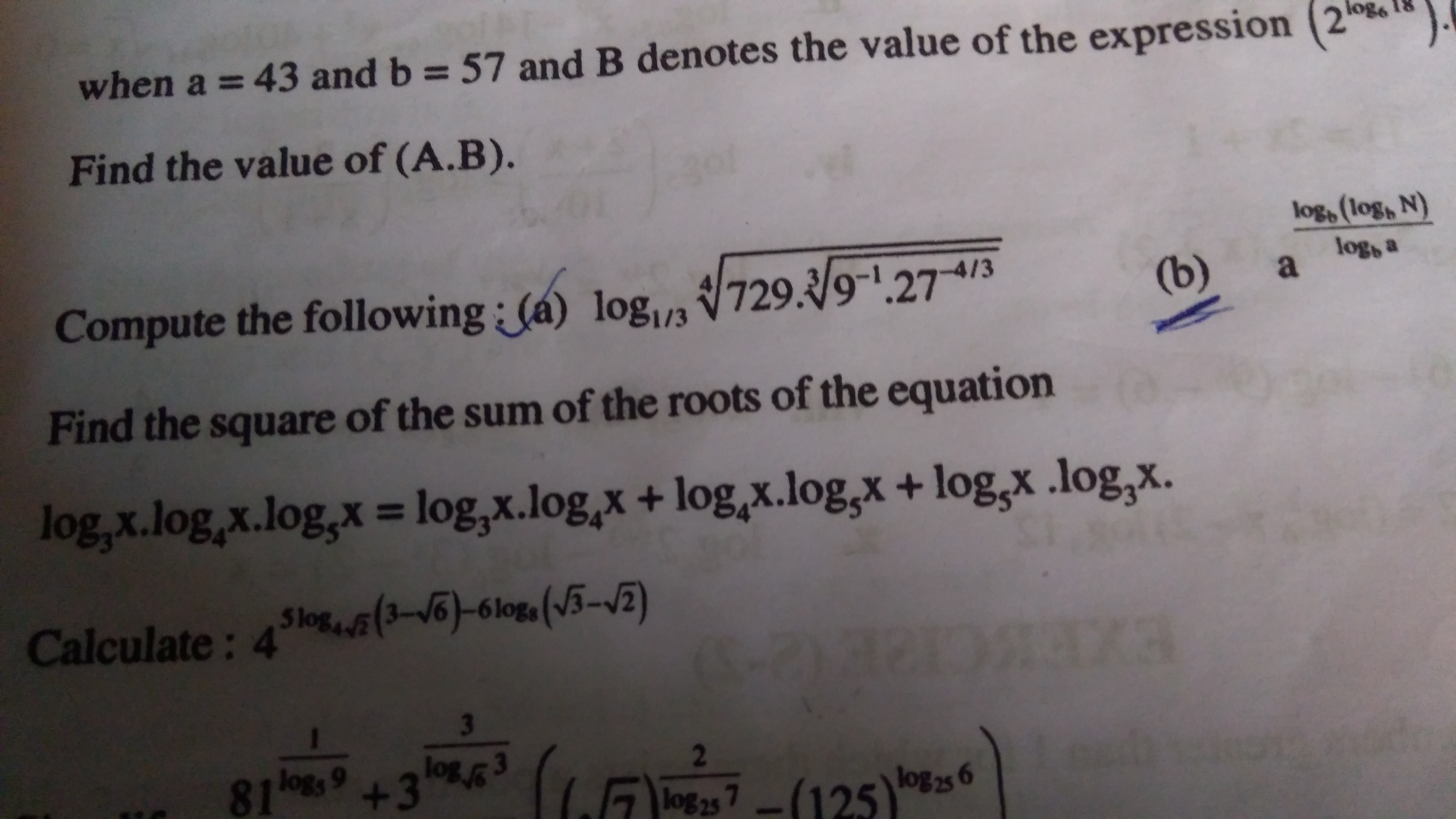 Question image for Logarithm problem which was not uploaded properly